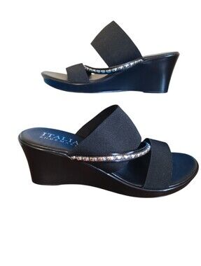 Italian Shoemakers Black Wedge Slide Sandals with Sparkle Metallic Accent 7.5